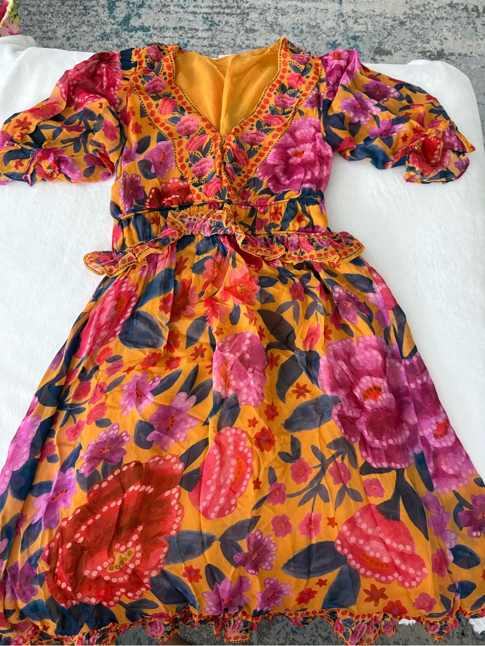 FARM RIO Women’s Floral Dream Short Sleeve Midi Dress Yellow Size S D79